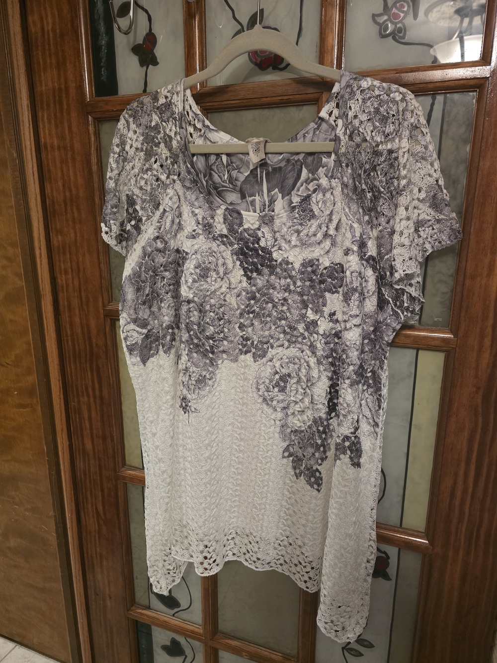 Brittany Black White and Gray Floral Crochet-Hem Short Sleeve Blouse